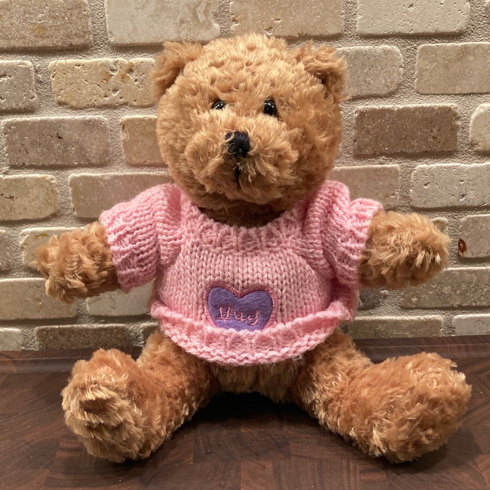 Cute Valentine  Teddy Bear with Pink “Hug” Sweater
